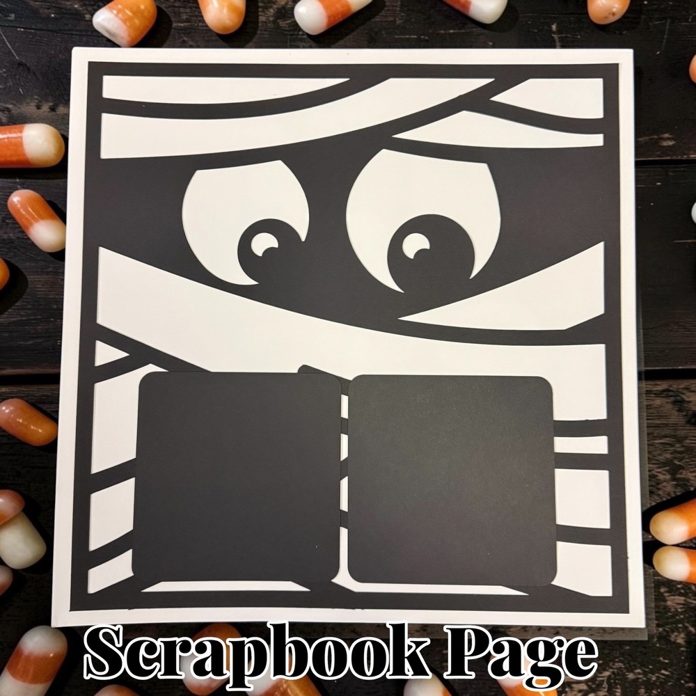 Premade 12x12 Halloween Mummy Scrapbook Page Black White Assembled Layout